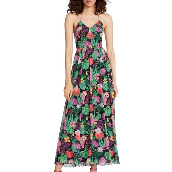 Betsey Johnson L NEW Paulina Tropical Print Halter Maxi Dress In Raven Black - Picture 1 of 11